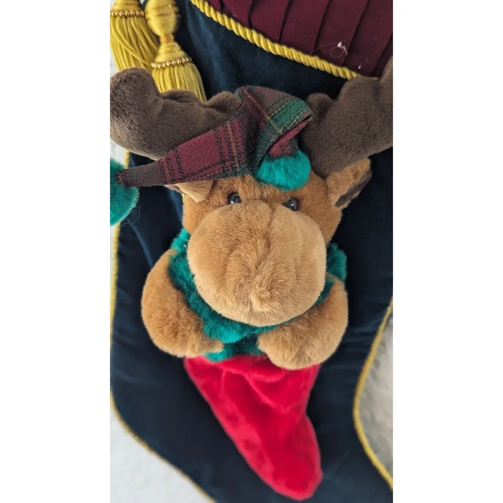 Navy Velvet Christmas Stocking with 3D Plush Moose Gold Tassels Burgundy Cuff